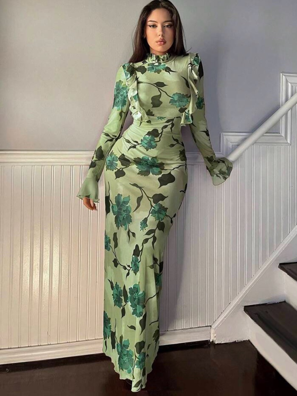 Green Floral Open-Back Maxi Dress - S - Picture 4 of 6